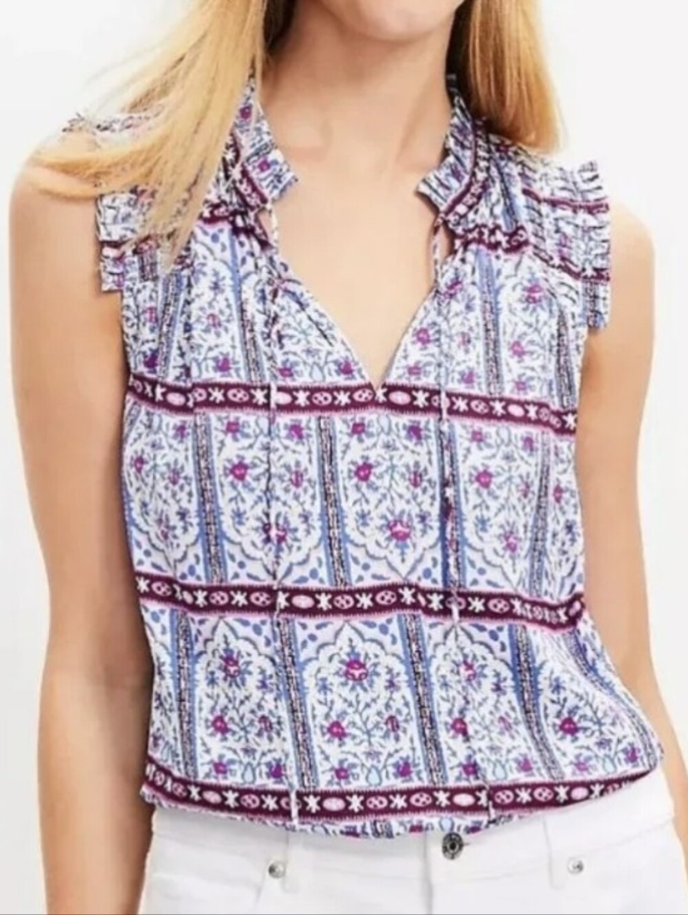 LOFT Sleeveless Floral-Block Print Tie-Neck Top In Blue & Magenta Size Small